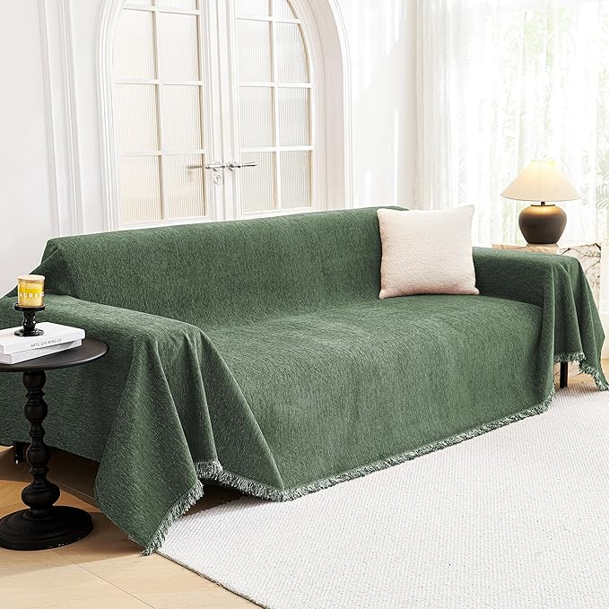 MYSKY HOME Couch Cover for Dogs, Washable Couch Covers, Non Slip Couch Sofa Cover, Couch Cover 2 Cushion Sofa Dogs Furniture Protector with Tassels Chenille Sofa Covers for Pets, 71"x118", Moss Green