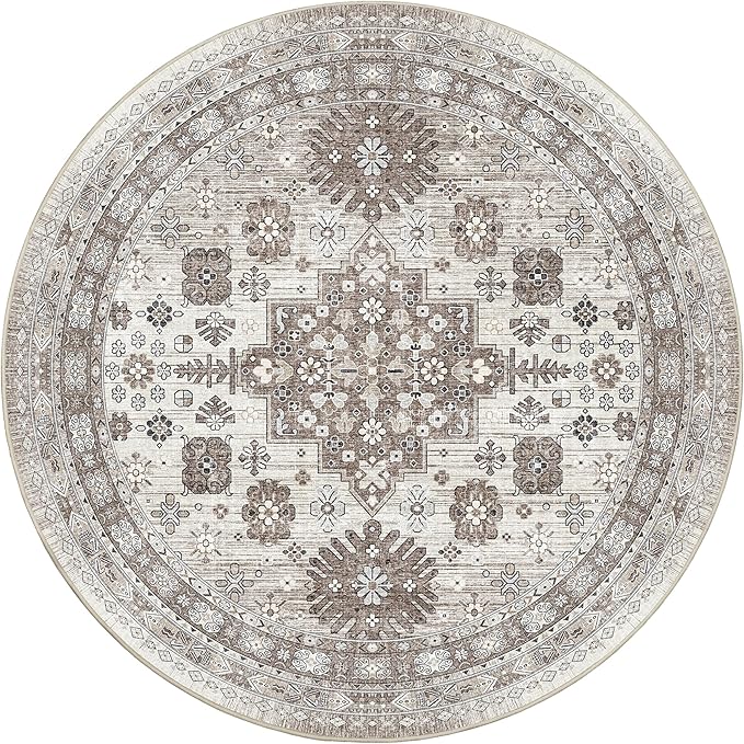 zesthome 9ft Round Rugs for Living Room, Non-Slip Washable Round Area Rugs, Ultra-Thin Large Circle Rugs, Soft Low Pile Rug for Bedroom, Kitchen - Vintage Stain Resistant Round Rug (Brown/Beige,9'x9')