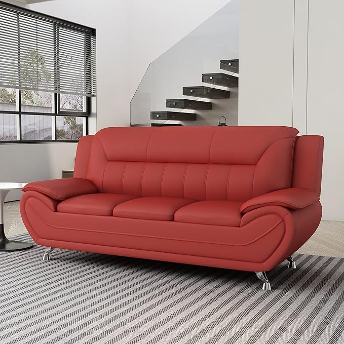 Container Furniture Direct Michael Modern Faux Leather Upholstered Stainless Steel Legs Living Room Sofa, Persian Red