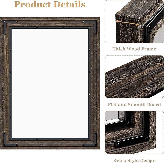 YOSHOOT Farmhouse Bathroom Mirror, Rustic Wood Mirror, Wooden Framed Vanity Mirror, Solid Wood & Handmade, Vertical or Horizontal Hanging for Bathroom Entryway Living Room Bedroom, 32" x 24", Brown