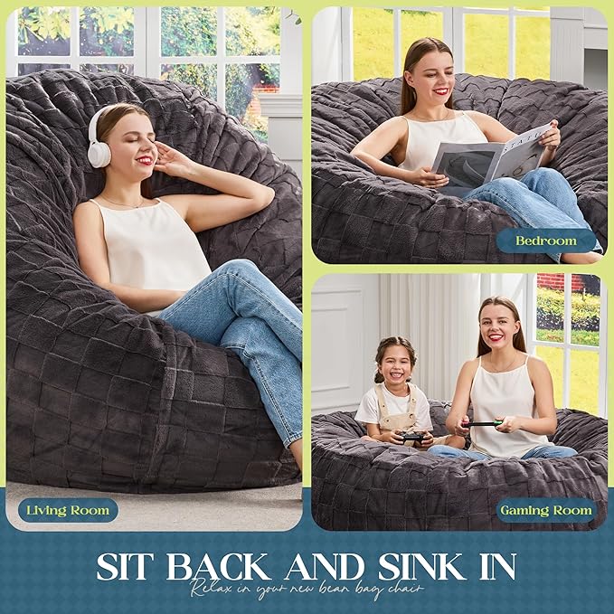 Hobestluk Bean Bag Chairs Beanbag Chair with Filler Adult Bean Bags with Fluffy Plaid Cover, Giant Bean Bag Chairs for Adults for Living Room, Bedroom (Dark Grey, 3FT - 36” x 36” x 22”)
