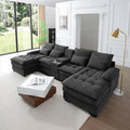 KEIKI 130" U-Shaped 6 seat Sofa with Storage Console, Cup Holders, Upholstered Sectional Sofa, Button Tufted Cloud Cushion Couch for Home, Office, Apartment, Gray