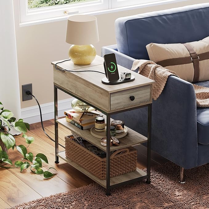 WLIVE Narrow Side Table with 2 USB Ports and 2 Outlets, Flip Top End Table with Drawer and Storage Shelves, End Stand with Charging Station for Living Room, Bedroom, Small Spaces, Greige