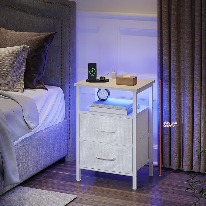 Nightstands Set of 2, Night Stand with Charging Station and Led Lights, Bedside Table with 2 Fabric Drawers for Bedroom, Small Side End Table with Open Shelf, White