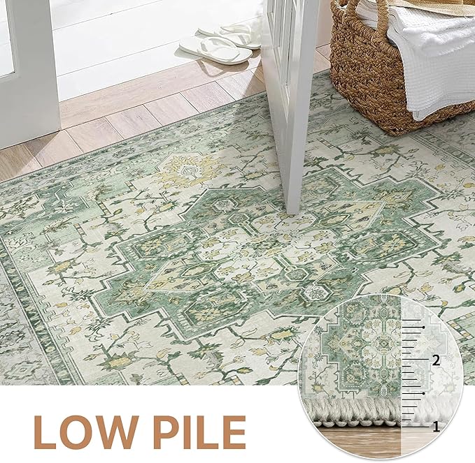 GENIMO 3x5 Area Rugs for Living Room, Machine Washable Non Slip Vintage Rugs, Low Pile Lightweight Chenille Print Rug for Bedroom, Dining Room, Home Office, Green