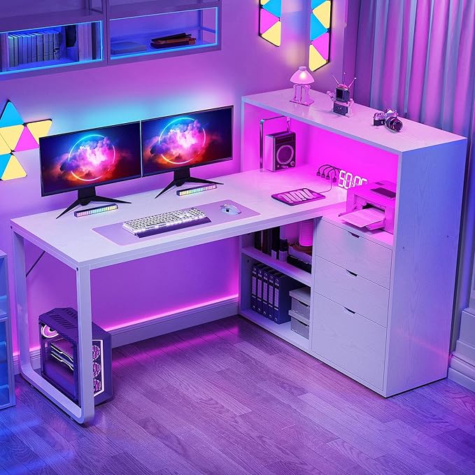 DWVO L Shaped Desk with Drawers, 55" Corner Computer Desk with Bookshelf & Power Outlets & LED Lights, Home Office Desk with Storage Shelves, White