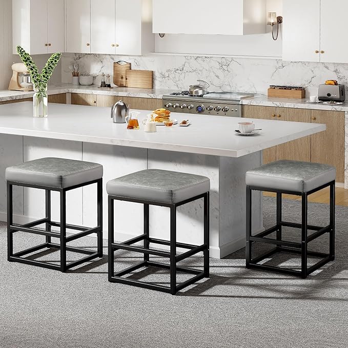 Counter Height Bar Stools Set of 3, 24" Barstools for Kitchen Countertop, Faux Leather Counter Stools with Thick Square Seats & Sturdy Metal Base, Simple Assembly, Black