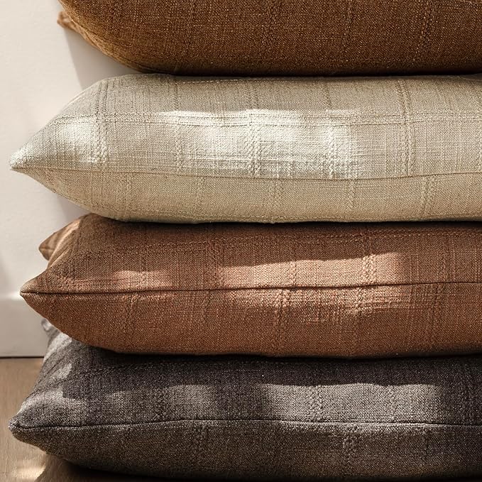 Foindtower Set of 2 Decorative Linen Check Throw Pillow Covers Neutral Farmhouse Vintage Cushion Covers Modern Boho Home Decor for Sofa Chair Couch Bedroom Living Room Outdoor,22×22 Inch,Autumnal Red