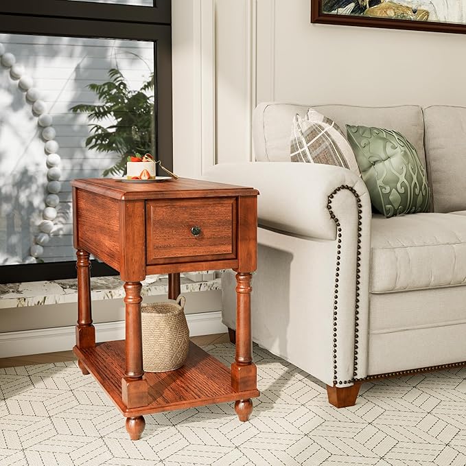 Narrow End Table with Drawer and Open Storage Shelf, Solid Wood Sofa Side Table for Living Room, Beside Table,Telephone Table for Small Spaces, No-Tools Assembly Caramel Brown BBJ004DR
