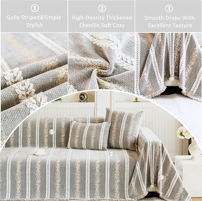 Couch Cover for Dogs Washable Sofa Cover, Sectional Couch Covers, Sofa Covers for 2 Cushion Couch, Non Slip Stripe Sofa Slipcovers Furniture Protector, Couch Protector from Cat Claws, Light,71''x150''