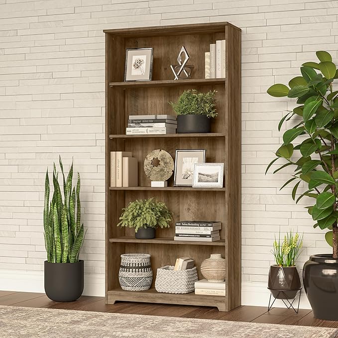 Bush Furniture Tall 5 Shelf Bookcase, Large Open Bookshelf, Sturdy Display Cabinet for Living Room or Home Office, Cabot Collection, Reclaimed Pine