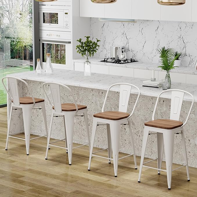 Changjie Furniture 30 Inches Metal Barstools Set of 4 Counter Height Bar Stools Industrial Stools with Backs High Back Chairs for Kitchen Island (30 Inch, White)