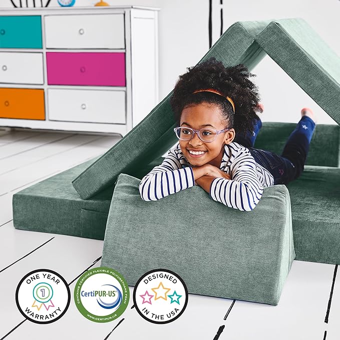 Yourigami Kids and Toddler Play Couch, Convertible Folding Sofa, Durable Foam Modular Design, Green Meadows