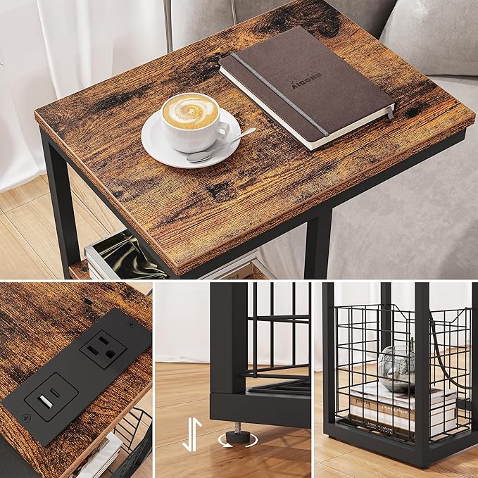 Vagusicc C Shaped End Table with Charging Station, Side Table for Couch, Small Side End Table for Small Spaces, 28" High Slide Under Sofa Table for Coffee, Tv Tray Table for Living Room, Rustic Brown