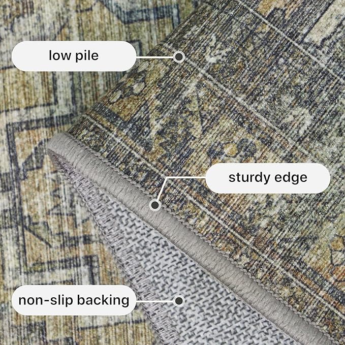 GENIMO 5x7 Area Rugs for Living Room, Machine Washable Non Slip Vintage Rugs, Low Pile Lightweight Chenille Print Rug for Bedroom, Dining Room, Home Office, Sage Teal