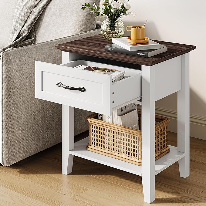 IDEALHOUSE Nightstands Set of 2, End Table with Drawer, Side Table for Spaces, 2 Tiers Storage Shelves with Dresser, Bedside Table for Living Room, Bedroom, Dorm (2pcs-White)