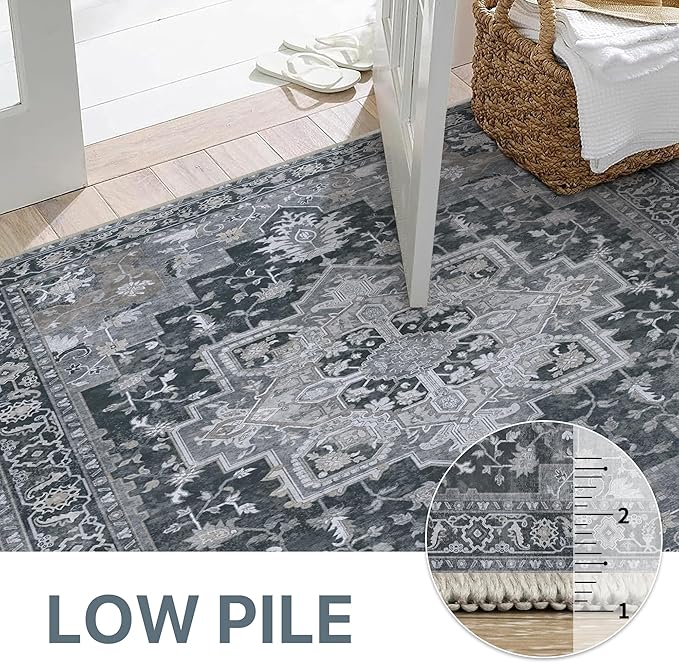GENIMO 2'6''x10 Runner Rugs for Hallway, Machine Washable Non Slip Vintage Rugs, Low Pile Lightweight Soft Print Rug for enrtyway, Corridor, Home Office, Kitchen,Dark Gray