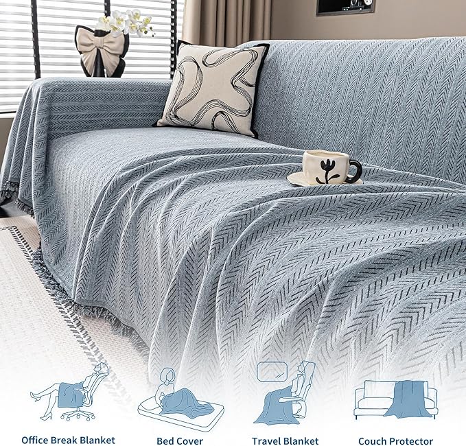 Nobildonna Sofa Chair Cover Waterproof Soft Thicken Chenille Cushion Couch Cover with Tassels,Washable Sofa Slipcovers for Armchair Recliner Sectional Furniture Protector,Dusty Blue 71"x71"