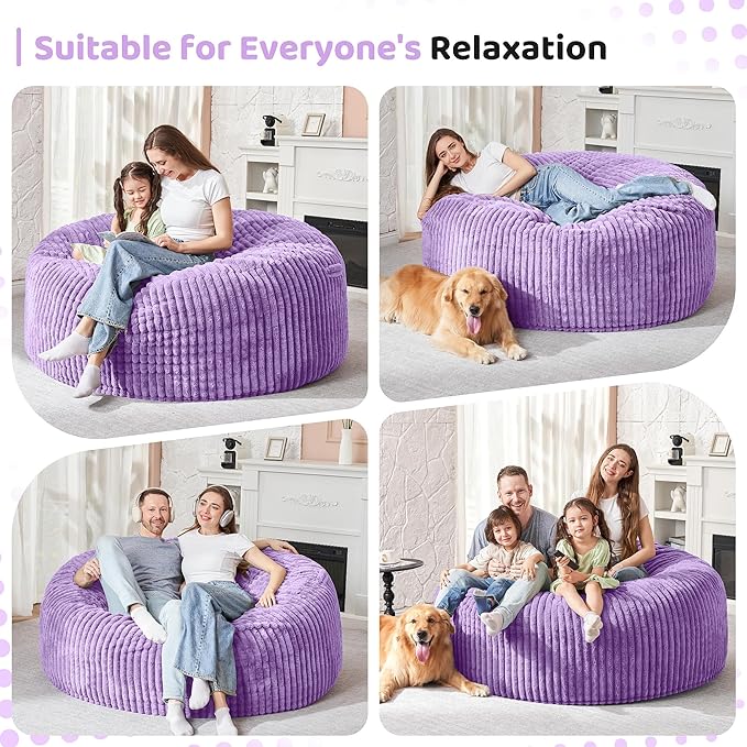 HABUTWAY 5FT Bean Bag Chair, 5' Large Bean Bag Chairs for Adults with Removable Stripe Plush Cover, Memory Foam Beanbag Chair for Living Room Bedroom Dorm (Purple)