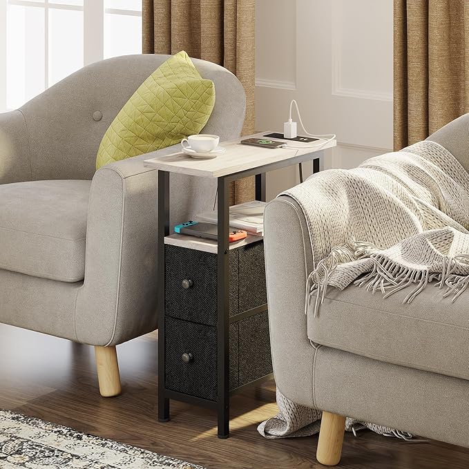 End Table with Charging Station, Narrow Side Table with 2 Fabric Drawers, Skinny Nightstand with LED Light, Slim Bedside Table for Bedroom, Living Room, Small Spaces, Greige and Black