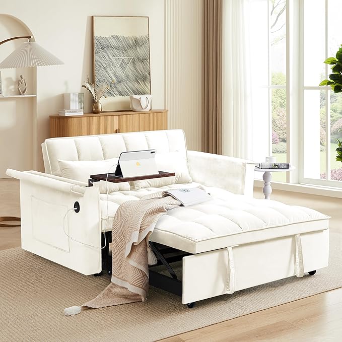 Ball & Cast 55" 3 in 1 Sleeper Sofa Bed Velvet Upholstered Pull Out Couch with Adjustable Back & 2 Pillows,Convertible Futon Sofa Bed W/Hidden Side Table,Side Pocket & USB Port,for Living Room,Beige
