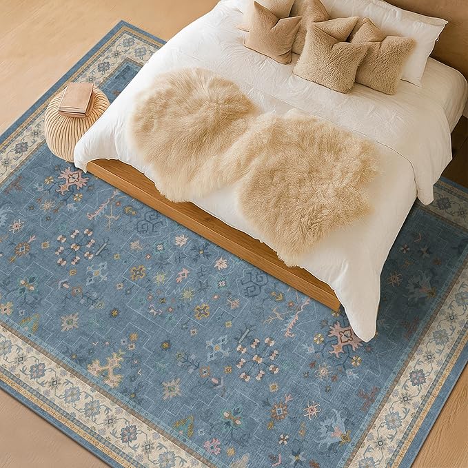 Blue Big Rugs for Living Room - Dusty Blue 10 x 14 Area Rug for Large Bedroom, Dining Room, Washable Lightweight Low Pile Foldable Eclectic Modern Floral Home Décor