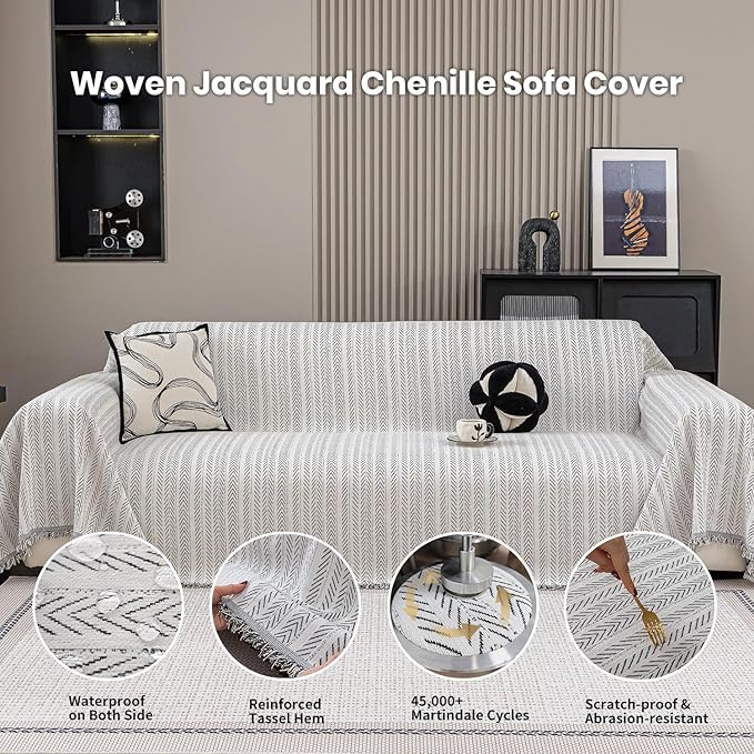 Nobildonna Sofa Cover Washable Soft Thicken Chenille Couch Cover with Tassel,Waterproof Sofa Slipcovers for 2 Cushion Couch,Loveseat,Futon Couch Furniture Protector Pet-Friendly,Beige 71"x102"