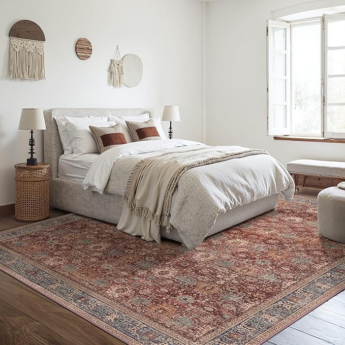 8X10 Area Rugs Machine Washable Rugs for Living Room, Vintage Boho Large Rugs for Bedroom Dining Room, Non Slip Indoor Soft Distressed Lightweight Thin Low Pile Carpet, Red Brown