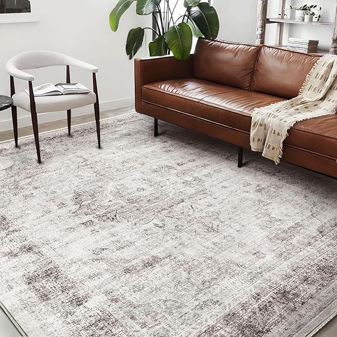 Washable Area Rug 8'x10' Floral red Boho Design Non-Shedding Non-Slip Easy Care Ideal for High Traffic Areas in Living Room Bedroom Office Coffee Table Kitchen Large Carpet