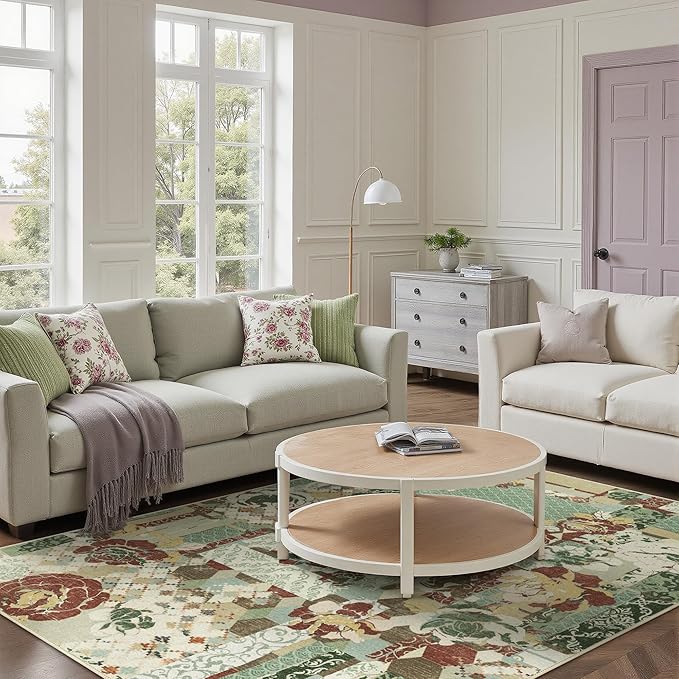 GENIMO 5X7 Floral Area Rugs for Living Room, Machine Washable Non Slip Vintage Patchwork Washable Rug, Ultra-Thin Low Pile Chenille Rugs for Bedroom, Dining Room, Celadon Green