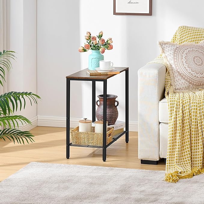 Hoctieon 2 Tier End Table, Sofa Side Table, Narrow Side Table with Storage, Slim Nightstand for Small Spaces, Metal Frame, for Living Room, Bedroom, Sofa Couch, Hall, Rustic Brown, 2 Set