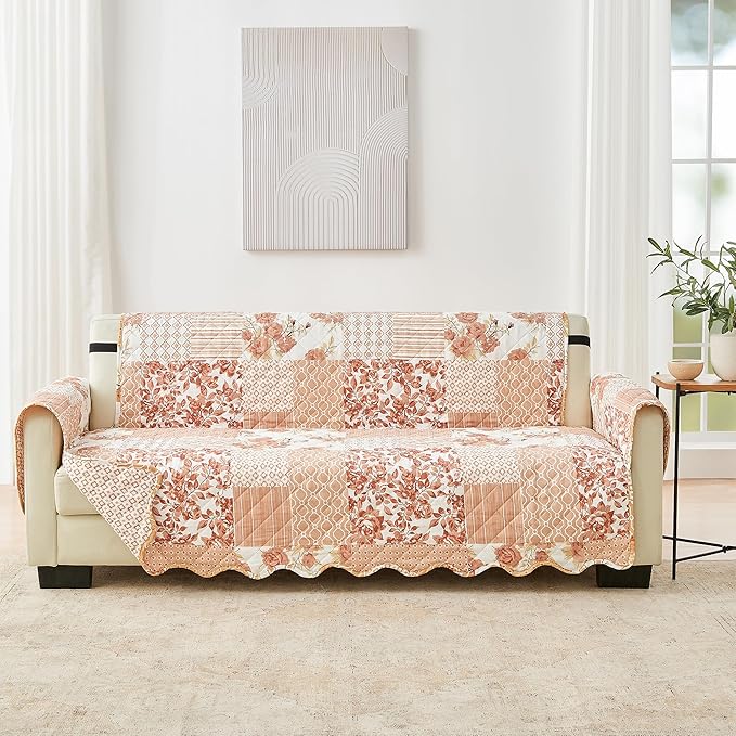Great Bay Home Reversible Patchwork Sofa Cover - Washable Slipcover Furniture Protector with Elastic Straps - Couch Cover for Dogs, Kids, and Pets - Box-Stitched Detail (Sofa, Dusty Rose)