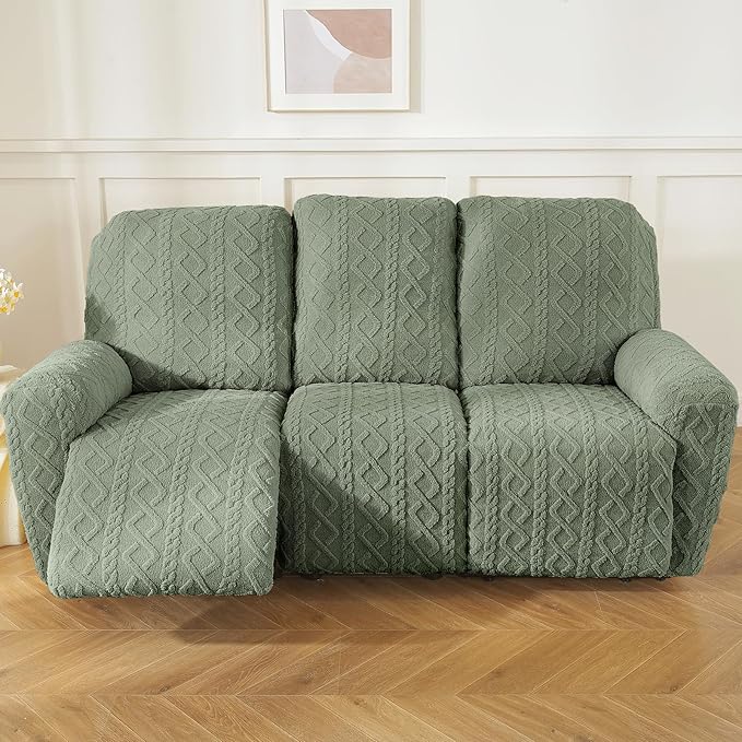 vctops 8 Pieces Geometric Jacquard Plush Recliner Sofa Covers Soft Fuzzy Fluffy 3 Seats Couch Cover Anti-Slip Sofa Slipcover Furniture Protector with Elastic Bottom for Kids Pet(Green,3 Seat)