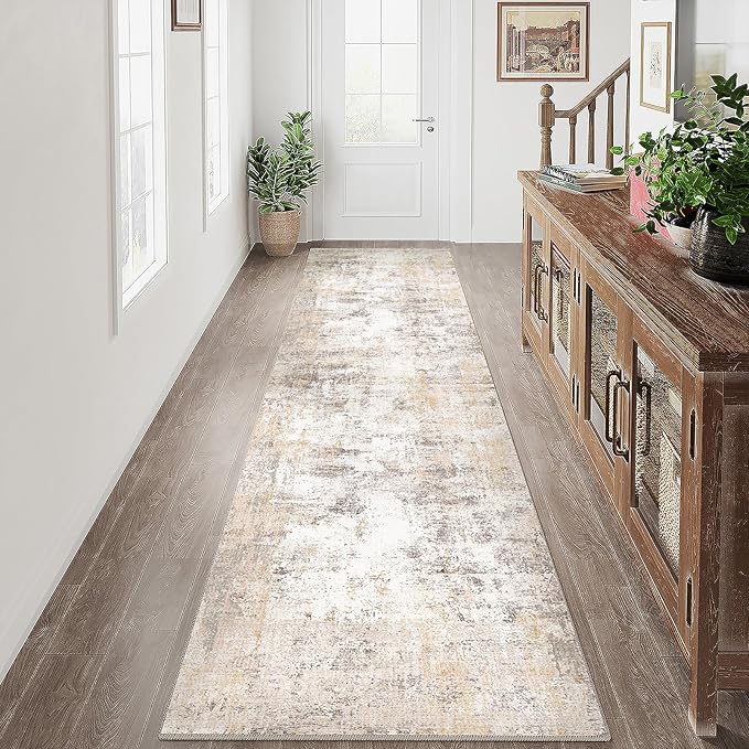 2x8 Washable Runner Rug Beige Grey Neutral Abstract Hallway Kitchen Living Room Bedroom Non Slip Throw Rug Soft Low Pile Indoor Carpet for Entrance Laundry Bathroom