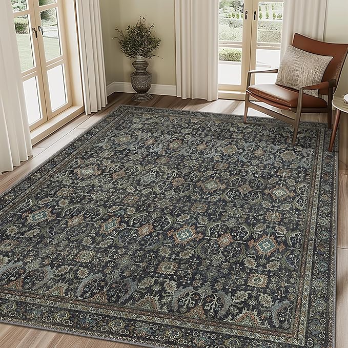 9X12 Area Rugs Machine Washable Rugs for Living Room, Vintage Boho Large Rugs for Bedroom Dining Room, Non Slip Indoor Soft Distressed Lightweight Thin Low Pile Carpet, Black