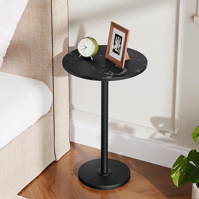 Round Side Table Set of 2, Tall Drink End Table for Small Spaces, Pedestal Style Martini Side Table in Living Room, Bedroom, Dormitory, Marble Black and Black ET30L2BM