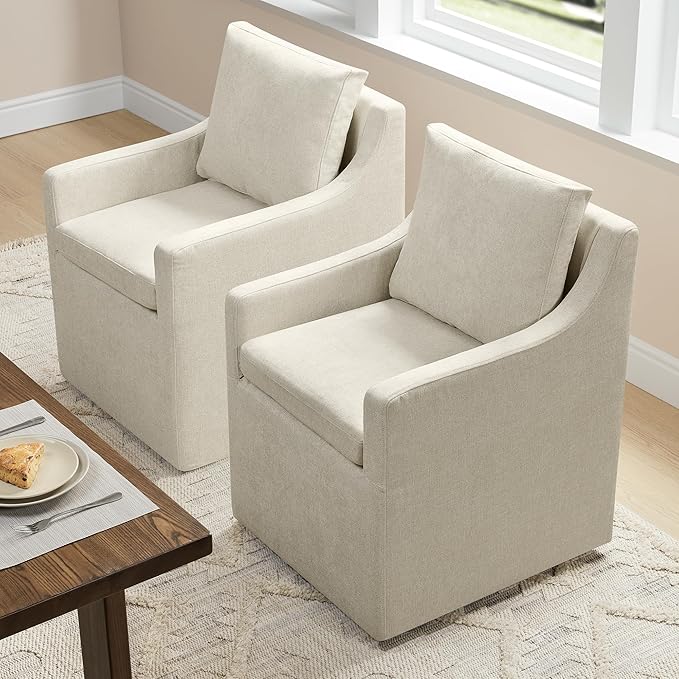Upholstered Dining Chairs with Casters Washable Cover Side Deskchair with Rollers for Diningroom, Living Room, Cream Beige, 2 Box