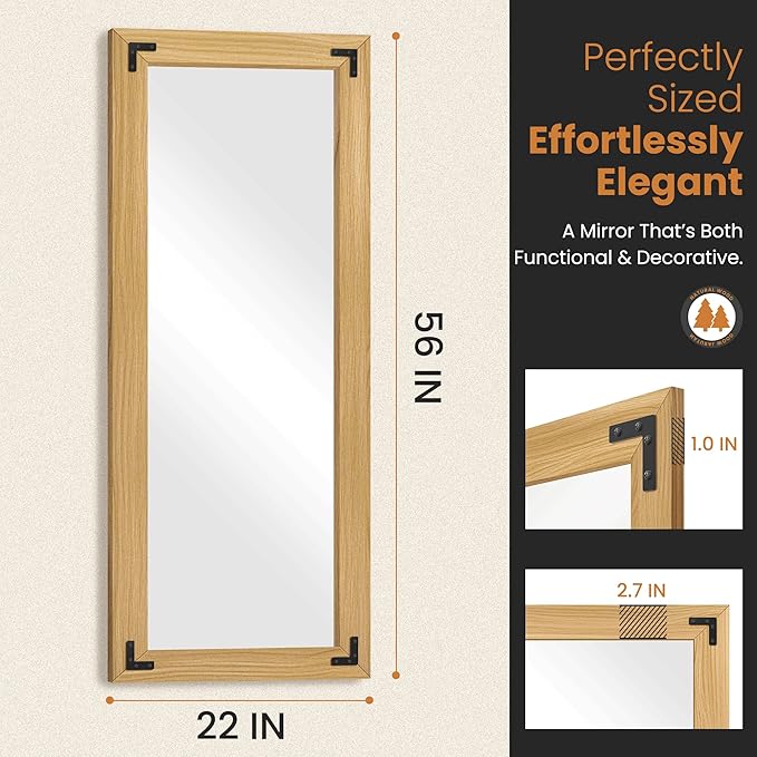 Full Length Mirror with Wooden Frame, 56"X22" Solid Wood Standing Floor Mirror for Farmhouse, Bathroom, Bedroom Decor, Hanging or Leaning Wall-Mounted(Natural)