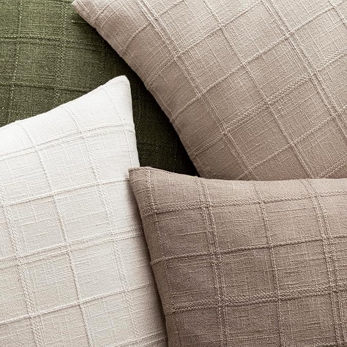 Foindtower Set of 2 Decorative Linen Check Throw Pillow Covers Neutral Farmhouse Vintage Cushion Covers Modern Boho Home Decor for Sofa Chair Couch Bedroom Living Room Outdoor,18×18 Inch,Tan Taupe
