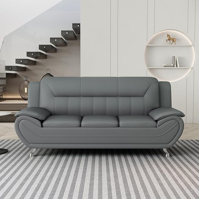 Container Furniture Direct Michael Modern Faux Leather Upholstered Stainless Steel Legs Living Room Sofa, Chair, Sleek Gray