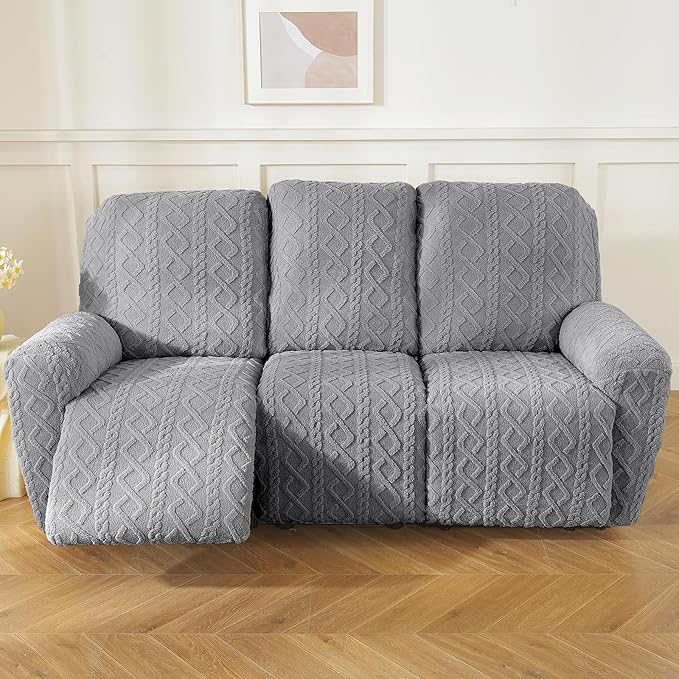 vctops 8 Pieces Geometric Jacquard Plush Recliner Sofa Covers Soft Fuzzy Fluffy 3 Seats Couch Cover Anti-Slip Sofa Slipcover Furniture Protector with Elastic Bottom for Kids Pet(Grey,3 Seat)