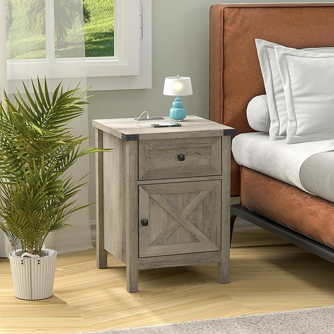 Rustic Nightstand with Charging Station, Night Stand with Barn Door and Drawer, Storage Bedroom Living Room Bedside Table Farmhouse End Table Industrial Bedside Table with USB Ports and Outlets，Grey