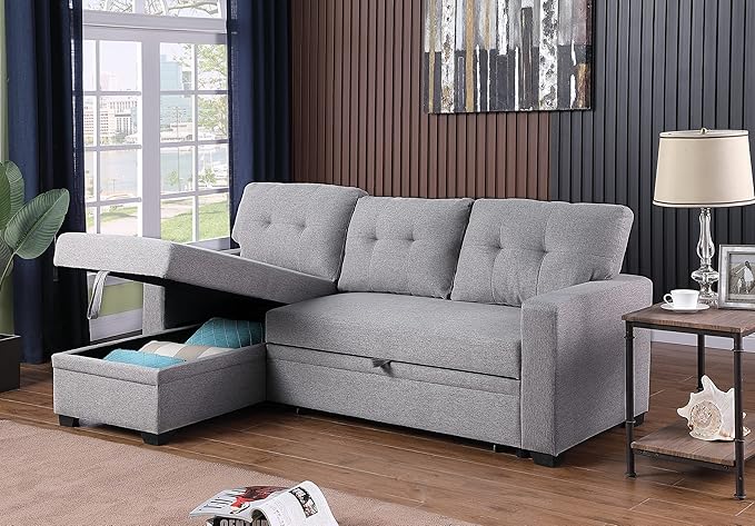 Devion Furniture Meridian 4-in-1 Convertible L Shaped Couch with Pull Out Bed and Storage, Sectional Sleeper Sofa with Reversible Chaise for Living Room, Apartment, Bedroom, Office