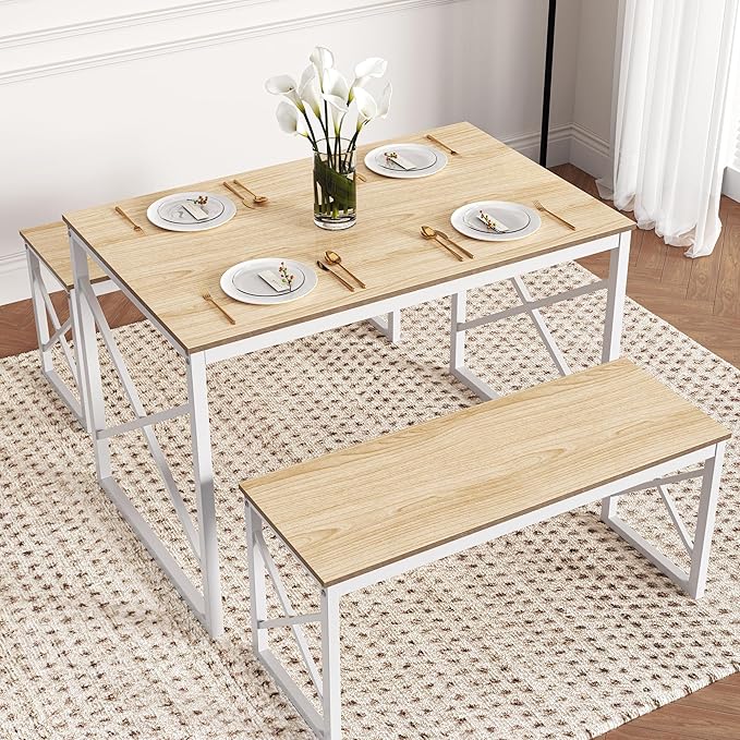 VECELO Kitchen Table with 2 Benches for 4, 43.3'' Wood Dining Room Dinette Sets with Metal Frame for Breakfast Nook and Small Space, Oak