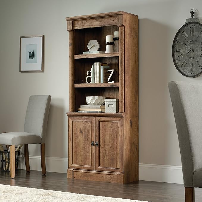 Sauder Palladia Library with Doors/Book Shelf, L: 29.37" x W: 13.90" x H: 71.85", Vintage Oak