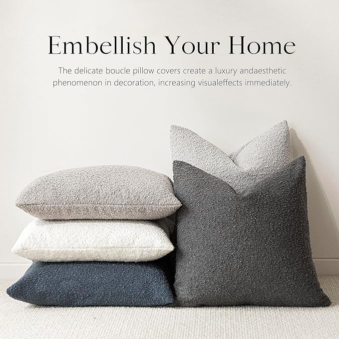 Foindtower Set of 2, Decorative Textured Boucle Throw Pillow Covers Accent Solid Pillow Cases Neutral Soft Cozy Couch Cushion Case for Chair Sofa Bedroom Living Room Home Decor 24 x 24 Inch Dark Grey