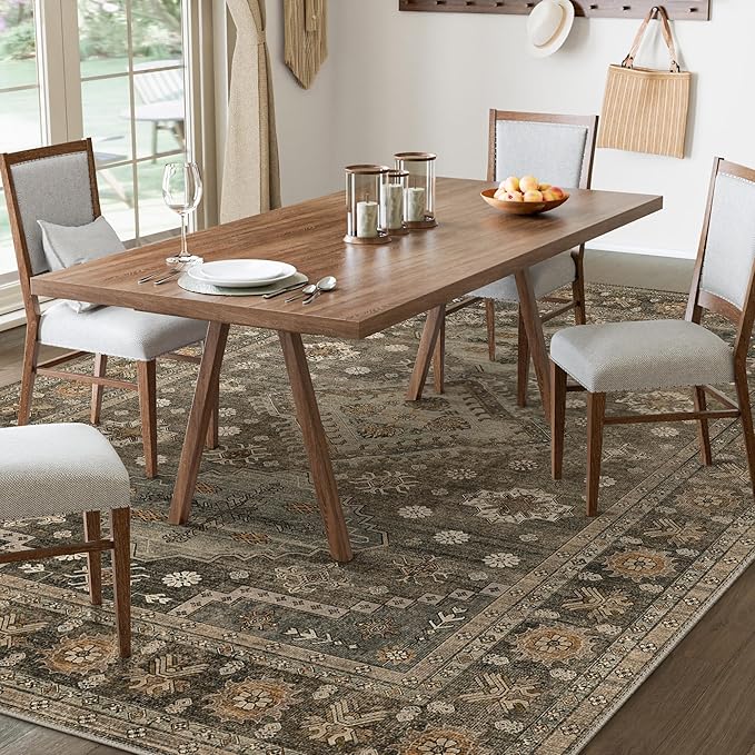 GENIMO 9x12 Area Rugs for Living Room, Machine Washable Low Pile Rugs, Non Slip Vintage Rug for Bedroom, Dining Room, Home Office, Kitchen, Distressed Deep Brown