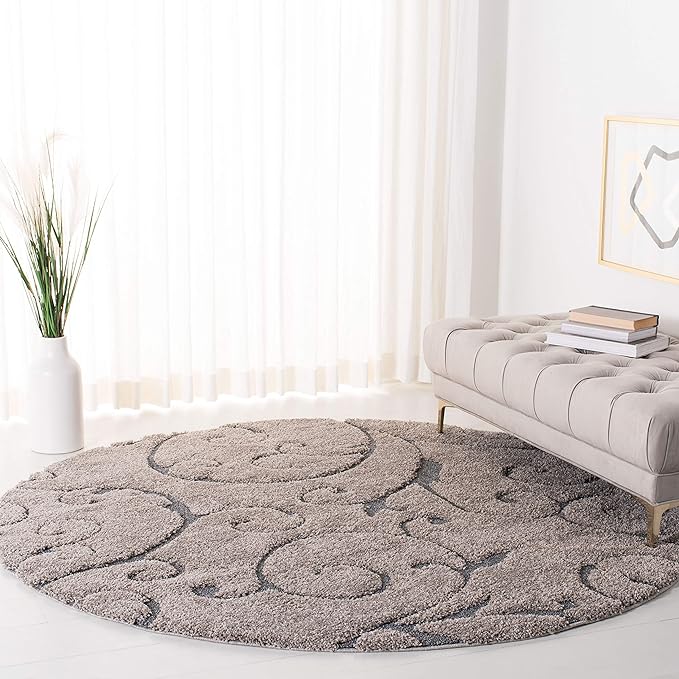 SAFAVIEH Florida Shag Collection 4' Round Grey/Light Blue SG455 Scrolling Vine Graceful Swirl Textured Non-Shedding Living Room Bedroom Dining Room Entryway Plush 1.2-inch Thick Area Rug