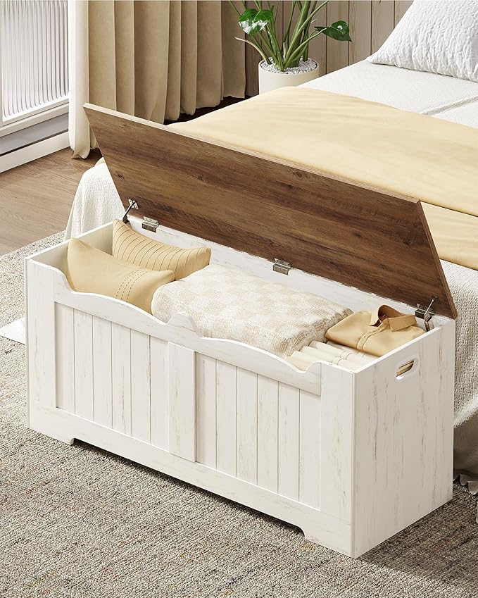 43.3" Storage Chest, Extra Large Storage Bench Trunk with 2 Safety Hinges, Wooden Box, Lift-Top Chest Organizer, Shoe Bench for Entryway, Bedroom, Living Room, White and Brown SB25514X