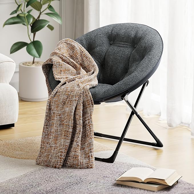Saucer Chair, XL Foldable Lounge Chair for Bedroom/Dorm, Plush Comfy Seat with Non-Slip Base for Teens & Adults, Faux Fur Accent Chair, Gray